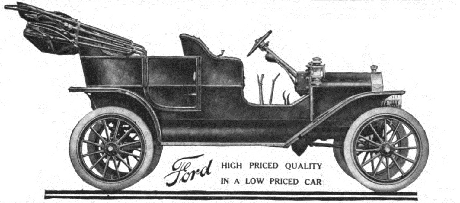 Vintage Ford car illustration with the slogan High priced quality in a low priced car.