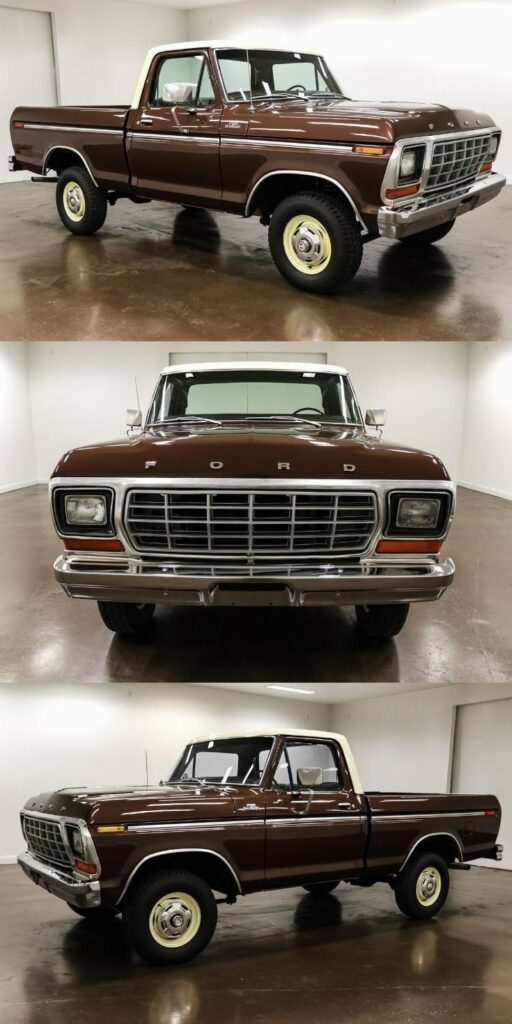 Vintage brown Ford pickup truck in a showroom, showcasing classic design and timeless appeal.