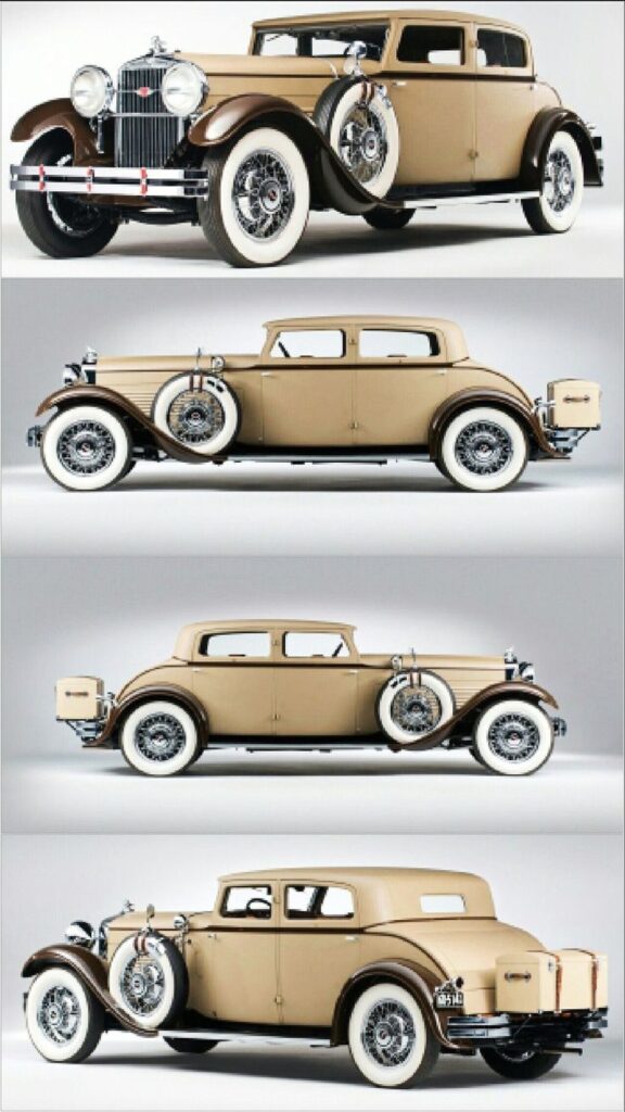 Classic beige luxury car with whitewall tires, showcased in multiple angles, highlighting its vintage elegance and design.