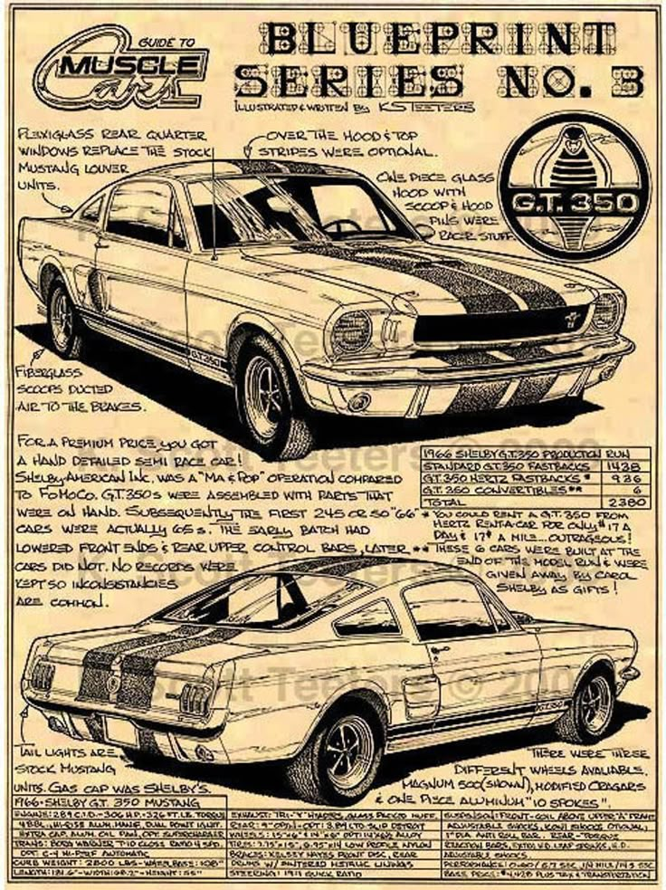 Vintage illustration of a 1966 Shelby GT350 Mustang blueprint, featuring detailed specifications and design elements.