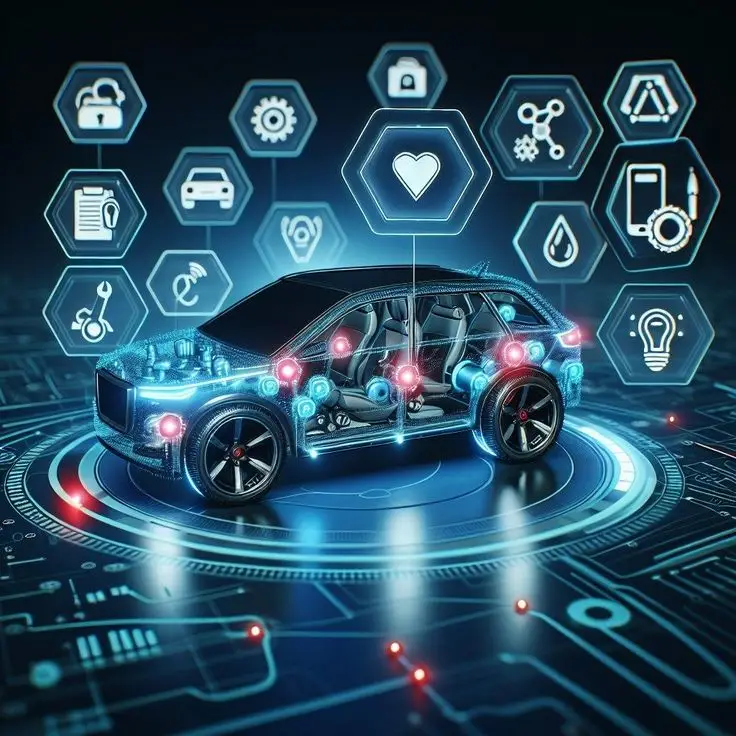 Futuristic smart car with digital tech icons, highlighting AI and IoT integration. Innovative automotive technology concept.