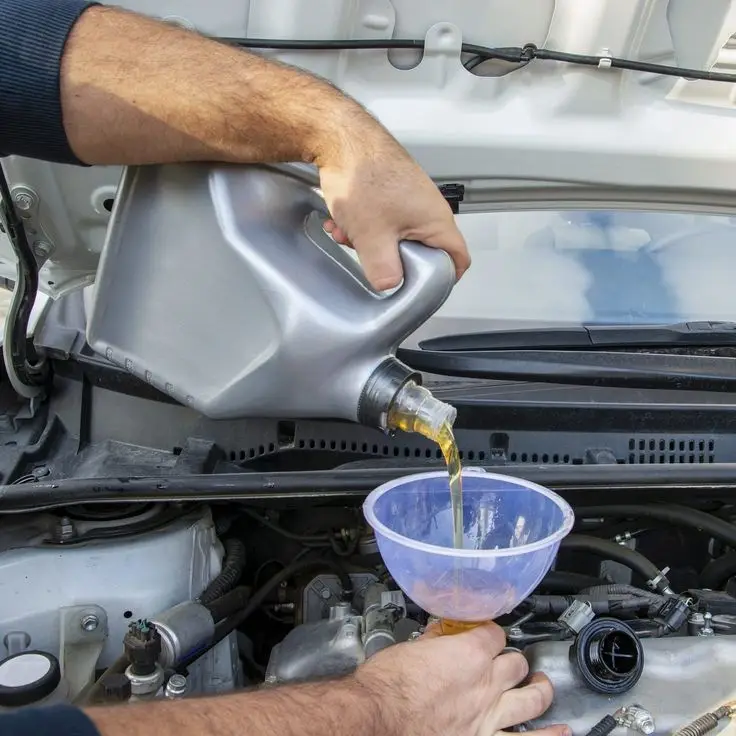 35 Automotive Maintenance Tasks You Can DIY - Engine Stories Pouring oil into a car engine using a funnel for maintenance; essential car care task for vehicle longevity and performance.