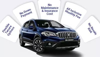 Blue S-Cross car with benefits like no down payment, no maintenance cost, all-inclusive fee, flexible tenure, and no resale risk.