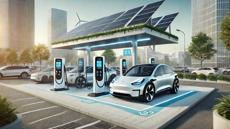 Futuristic electric cars charging under solar panels at a modern urban station, showcasing sustainable energy solutions.