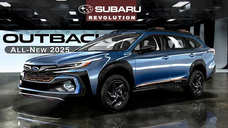 All-new 2025 Subaru Outback in vibrant blue displayed in a showroom with sleek design and modern features.