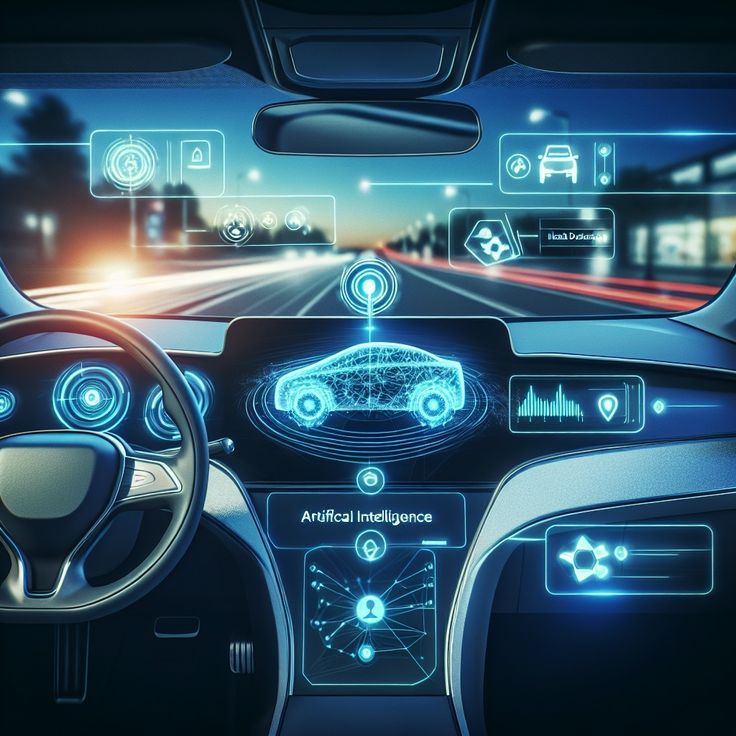 Futuristic car dashboard with AI interface and digital displays on a night road.