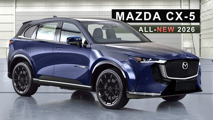 All-new 2026 Mazda CX-5 in sleek blue design, showcasing modern styling and features in a showroom setting.