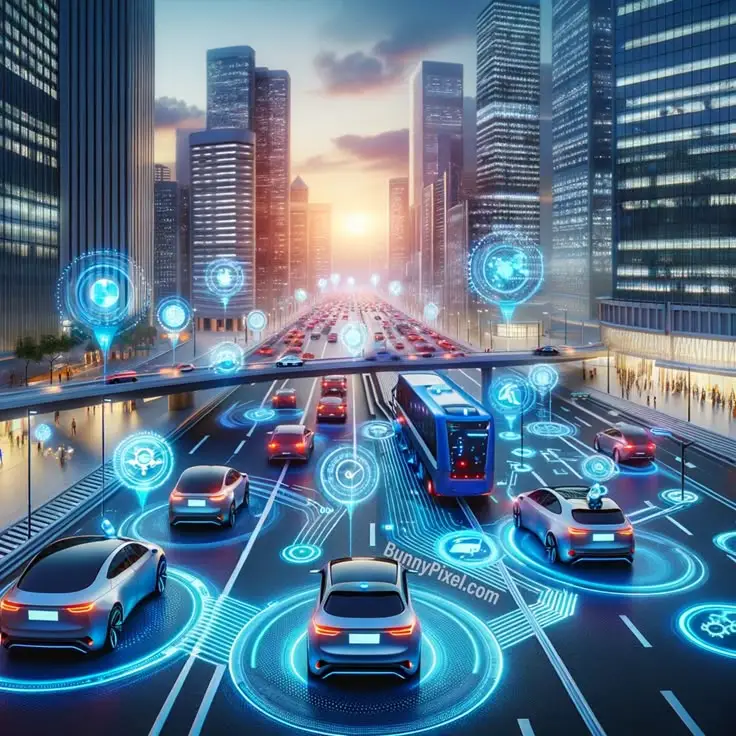 AI Art_ What do you think _ ai aiart ainewsletter artificialintelligence - Engine Stories Futuristic cityscape with smart self-driving cars and buses navigating using AI technology, interconnected by glowing digital networks.