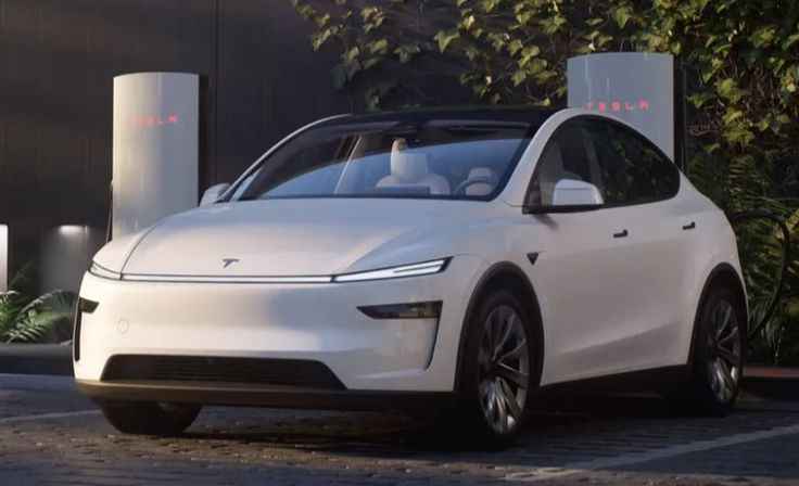 White electric SUV parked at a Tesla charging station, showcasing sleek design and modern technology in a natural setting.