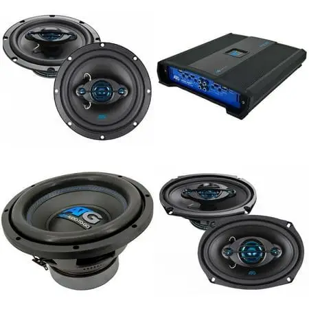 Atg Audio Class A_B Amplifier with 10_ Subwoofer Plus Front and Rear Speakers - Engine Stories Car audio system with speakers, subwoofer, and amplifier set for enhanced sound quality. Perfect for vehicle audio upgrades.