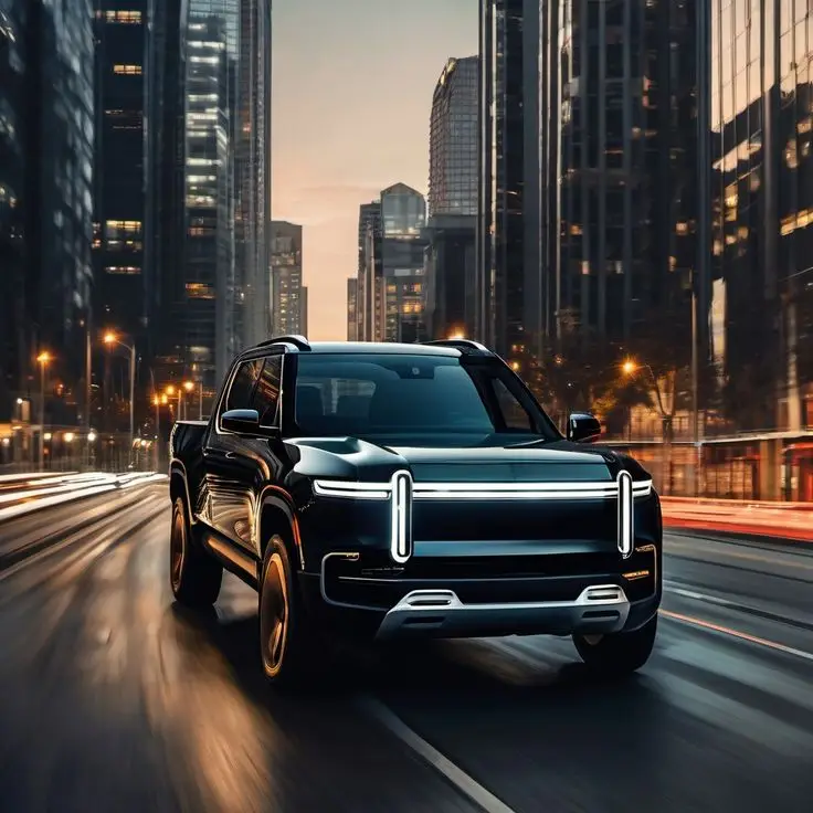 Black Rivian R1T - Engine Stories Electric pickup truck driving through a modern cityscape at twilight, showcasing sleek design and advanced technology.