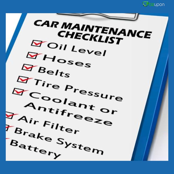 Car maintenance checklist on clipboard: oil level, hoses, belts, tire pressure, coolant, antifreeze, air filter, brake, battery.