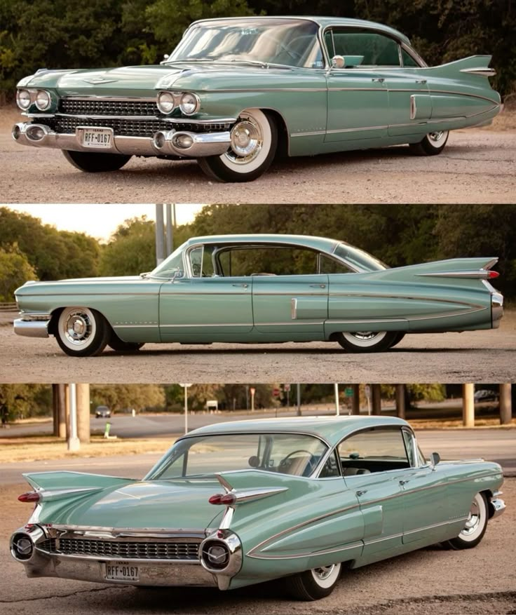 Vintage green classic car with retro tailfins and chrome details, shown from various angles on an outdoor street setting.