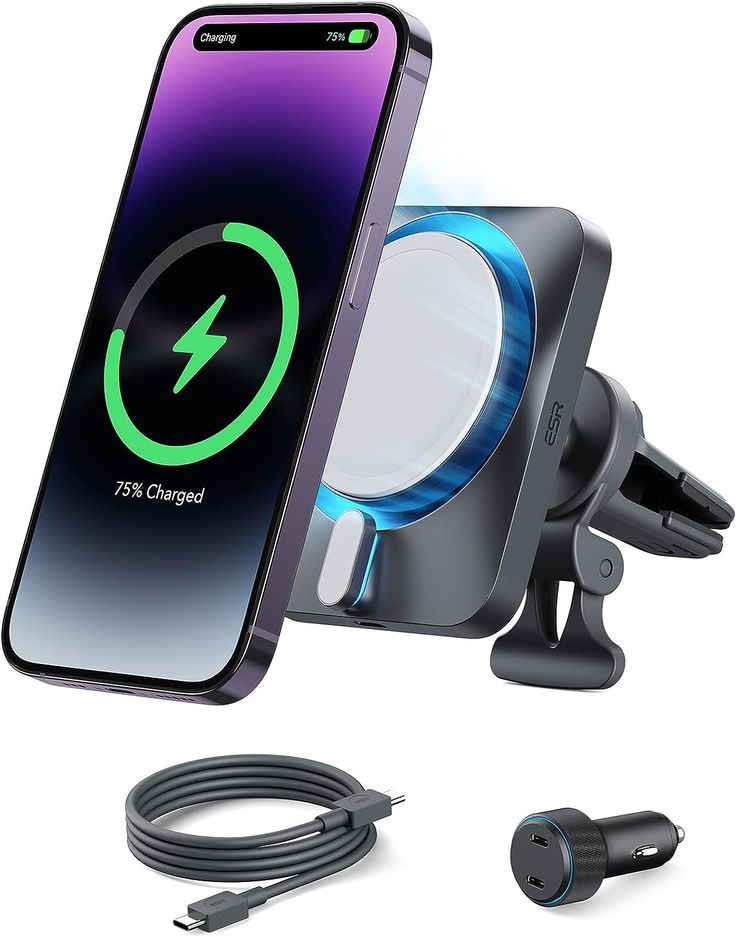 Smartphone on wireless car charger with charging indicator, USB cable, and car adapter shown. Efficient charging solution.