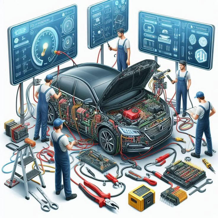 Technicians working on a car's digital systems with high-tech tools and screens displaying diagnostics around it.