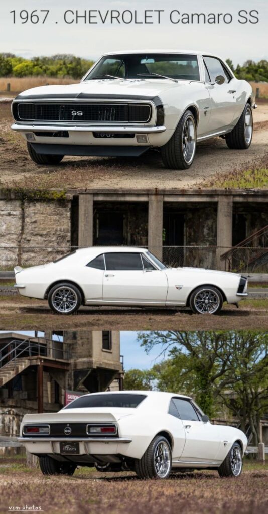 1967 Chevrolet Camaro SS in white, showcasing front, side, and rear views. Classic muscle car parked outdoors.