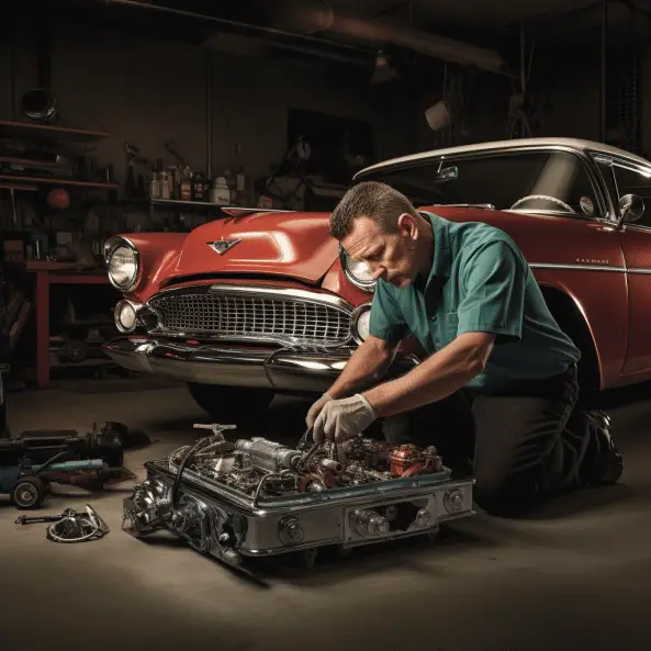 Classic-Car-Restoration3 - Engine Stories Mechanic repairs engine beside a classic red car in a dimly lit garage, showcasing vintage automotive restoration.