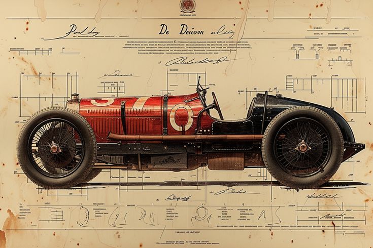 Vintage race car with schematic blueprint background, showcasing classic design and engineering details.