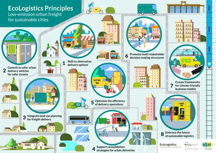 EcoLogistics Principles - ICLEI Sustainable Mobility - Engine Stories EcoLogistics infographic: 8 principles for low-emission urban freight, promoting sustainability and efficiency for cities.