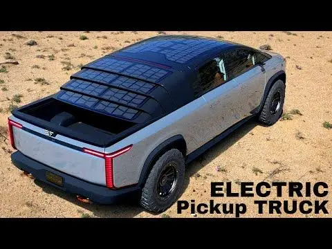 Edison Future EF1 T EF1 V Concept _ EF1-T Is An All-Electric Pickup With Solar Charging - Engine Stories Futuristic electric pickup truck with solar panels in a desert setting, highlighting eco-friendly transportation innovation.