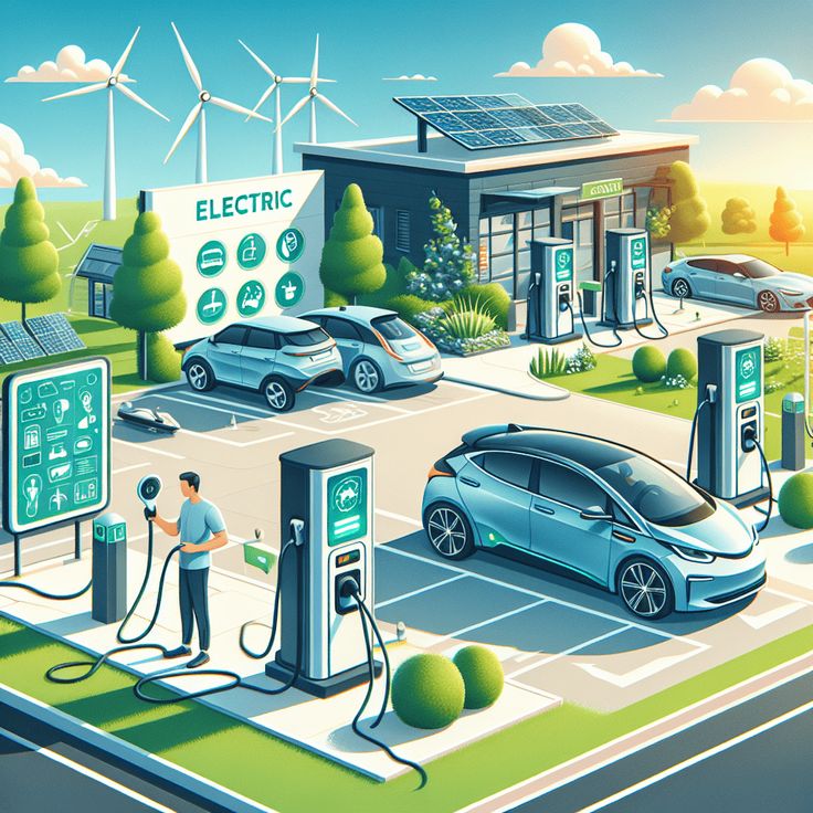 Futuristic electric vehicle charging station with solar panels and wind turbines in a green, sustainable environment.