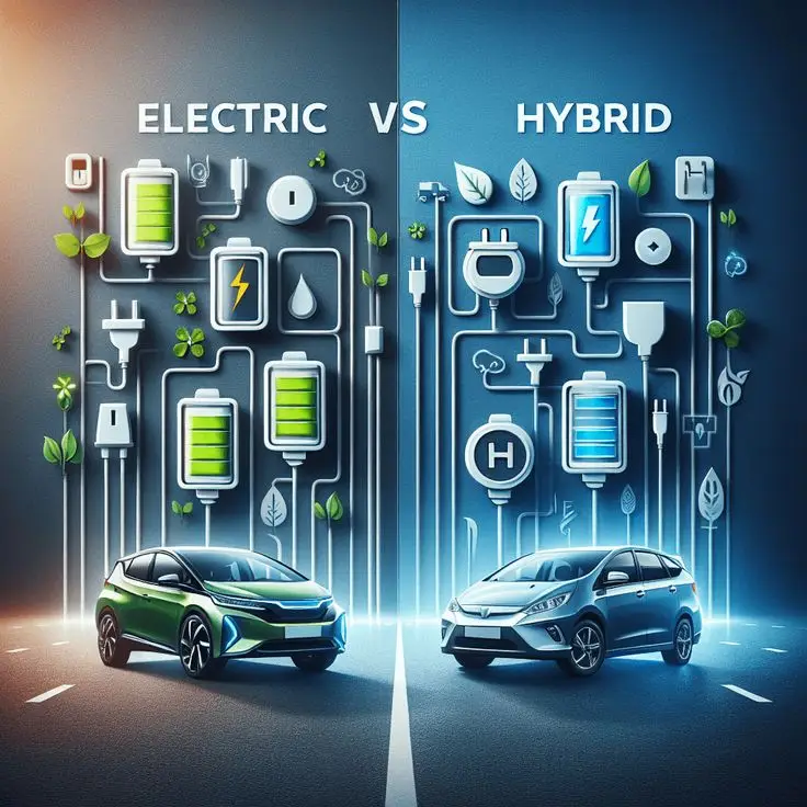 Electric vs_ Hybrid_ Which is Right for Your Lifestyle_ - Engine Stories Comparison of electric and hybrid cars with energy icons and cars depicted.
