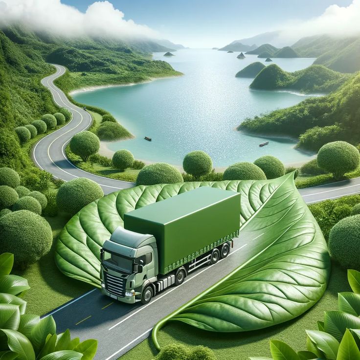 Green truck driving on a leaf-shaped road, symbolizing eco-friendly transportation amidst lush nature and a serene lake.