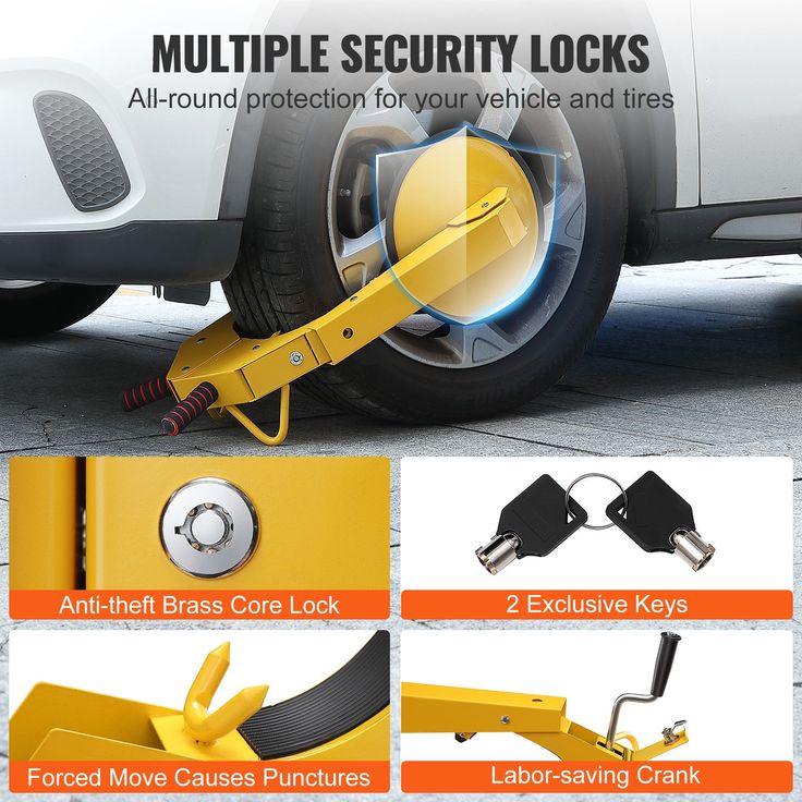 Car wheel secured with anti-theft lock featuring brass core, exclusive keys, and a labor-saving crank for enhanced vehicle protection.