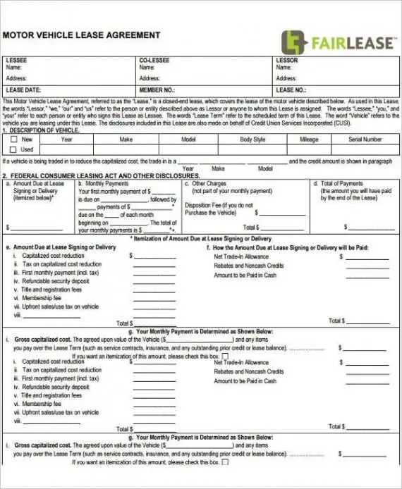 Generic Mobile Home Lease To Own Contract Template - Engine Stories Motor vehicle lease agreement document detailing lessee, lessor details, vehicle description, and financial terms for the lease.