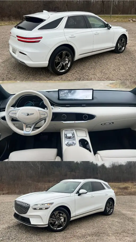 Genesis GV70 - Engine Stories White luxury SUV with modern interior design, detailed dashboard, and sleek exterior parked on gravel road. Perfect for premium travel.