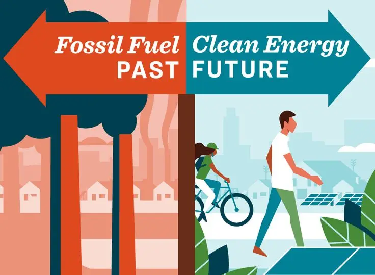 Gov_ Newsom_ Transform CA's energy sector & prioritize communities impacted most by pollution - Engine Stories Illustration contrasting fossil fuels (past) with clean energy (future), featuring trees, cycler, and solar panels.