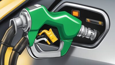 Green fuel pump nozzle inserted in a vehicle's fuel tank emphasizing eco-friendly energy solutions for modern transportation.