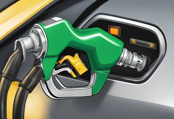Green fuel pump nozzle inserted in a vehicle's fuel tank emphasizing eco-friendly energy solutions for modern transportation.