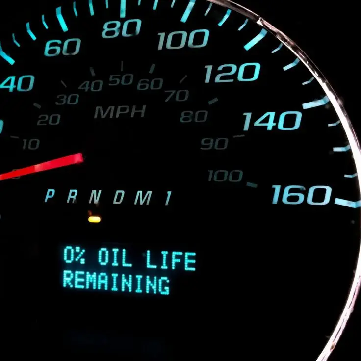 How To Reset the Oil Change Light - Engine Stories Car dashboard showing 0% oil life remaining, indicating an urgent need for an oil change. Maintenance reminder, speedometer in view.