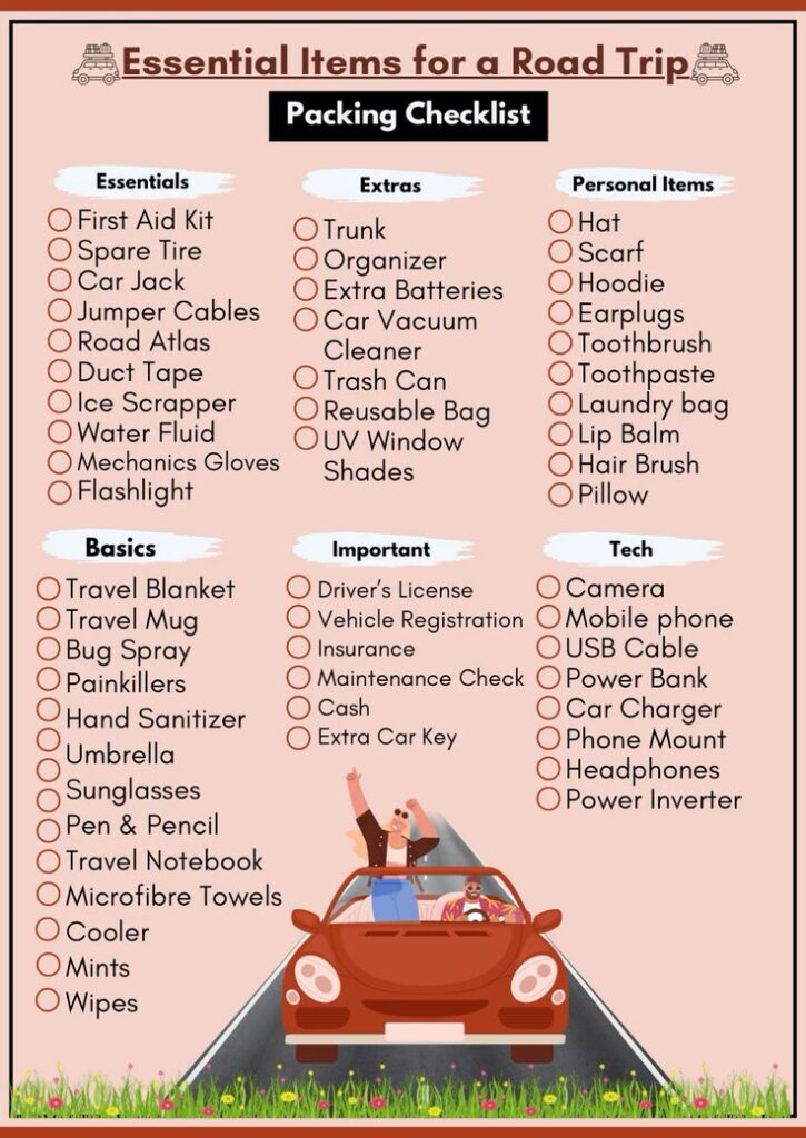 Road trip essentials checklist including items for safety, convenience, and tech gear to ensure a smooth and enjoyable journey.