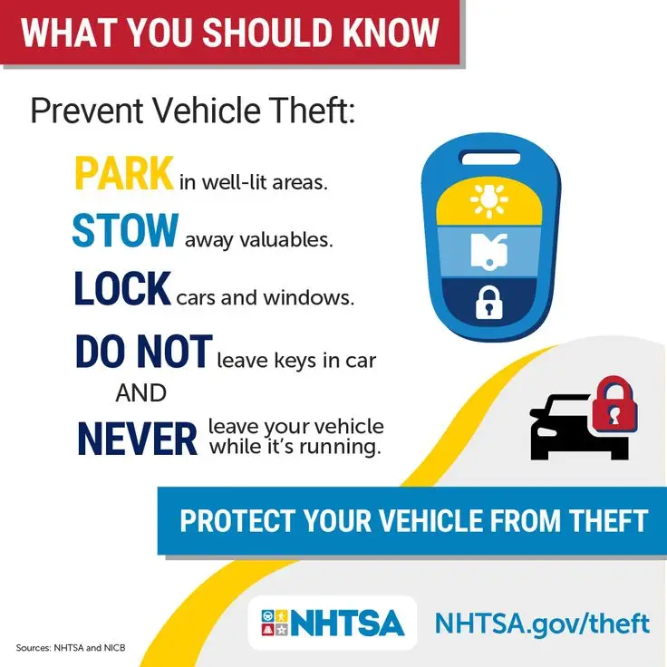 Tips to prevent vehicle theft: Park in well-lit areas, stow valuables, lock doors, and never leave car running. Protect your vehicle.