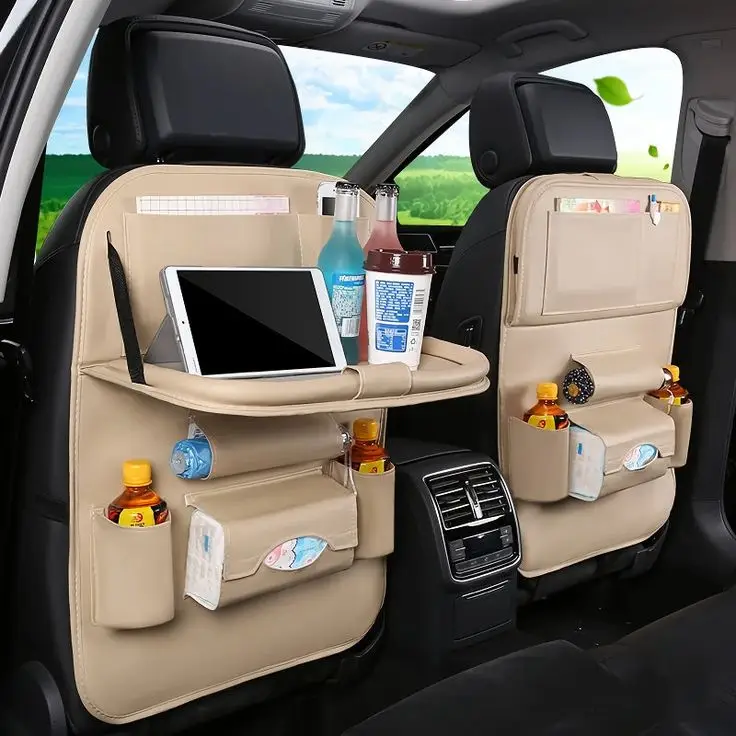 Luxury PU Leather Car Seat Back Organizer with Foldable Tray - Black - Engine Stories Car seat back organizer with tablet holder, drink compartments, and storage pockets for enhanced travel convenience and organization.