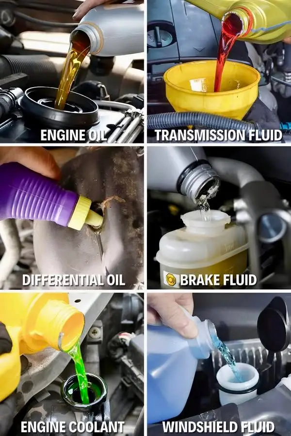 Mechanics Manual - Engine Stories Car fluids maintenance: engine oil, transmission fluid, differential oil, brake fluid, engine coolant, and windshield fluid being poured.