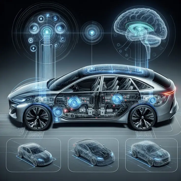 Neuromorphic Sensors in Advanced Driver Assistance - Engine Stories Futuristic smart car with digital brain interface and advanced technology systems. Innovative automotive technology concept illustration.