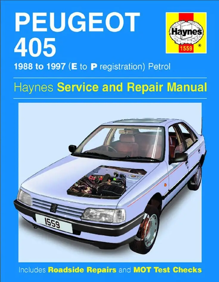 Peugeot 405 1988 - 1997 Haynes Service Repair Manual - Engine Stories Peugeot 405 Haynes Service Manual Cover for 1988-1997 Petrol Models, showing repair guide and MOT check advice.