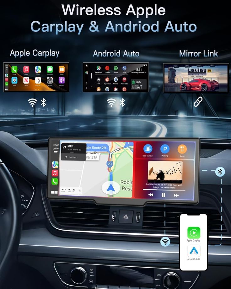 In-car display showcasing wireless Apple CarPlay and Android Auto integration with navigation and media controls.