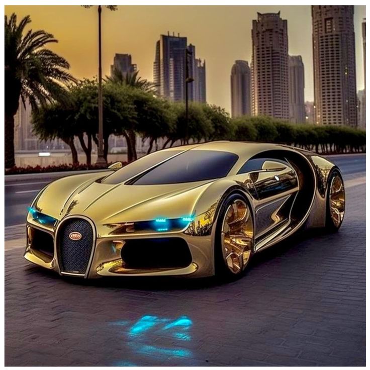 Gold luxury sports car with futuristic design parked on city street at sunset, surrounded by modern skyscrapers and palm trees.