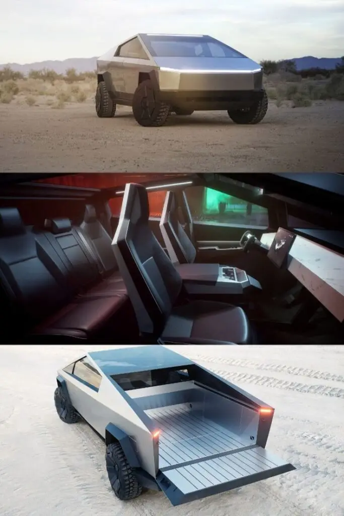 Tesla Cybertruck 2022🚀⚡ - Engine Stories Futuristic electric truck with sleek design, spacious interior, and open cargo bed on a desert landscape.