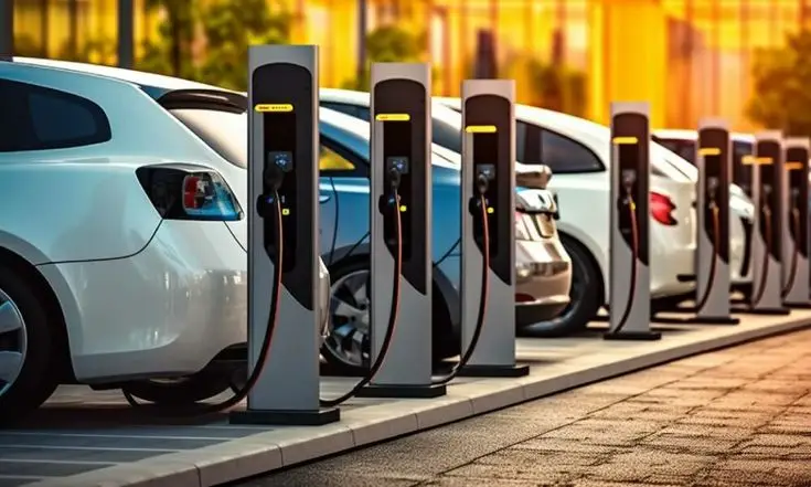 Row of electric vehicles charging at modern stations in an urban setting under a sunset sky, showcasing clean energy technology.