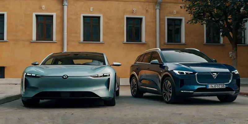 The-Role-of-Government-Policies-in-Promoting-Electric-Vehicle-EV-Adoption - Engine Stories Two sleek electric vehicles parked side by side in front of a yellow building, featuring modern design and advanced technology.