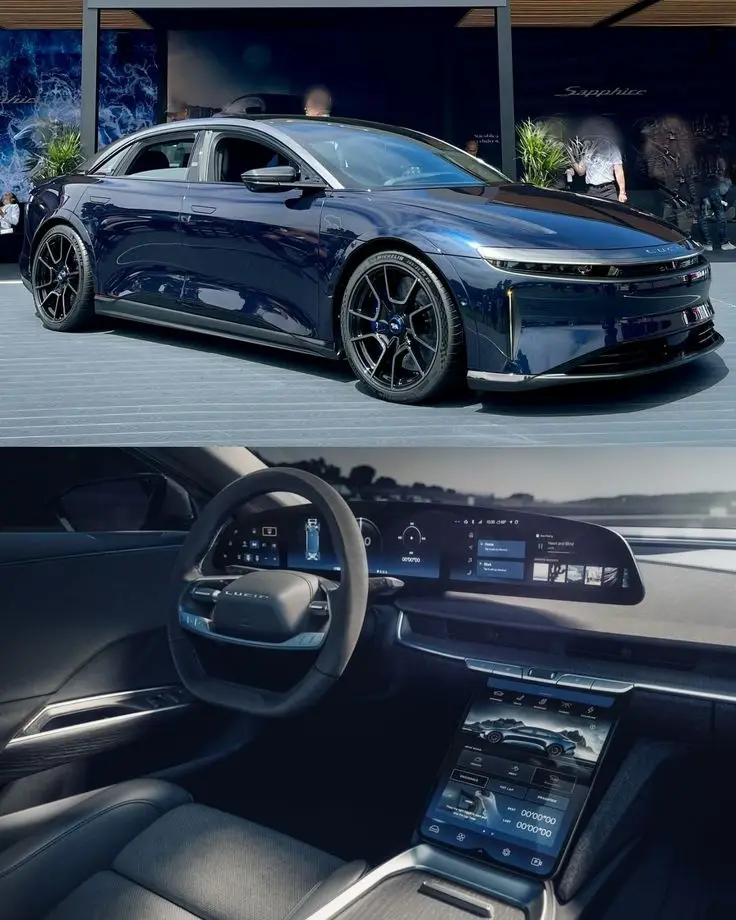 The world’s first luxury electric super-sports sedan_ The new Lucid Air Sapphire 1200 HP - Engine Stories Electric luxury car showcasing sleek design and advanced digital dashboard display, highlighting modern technology and style.
