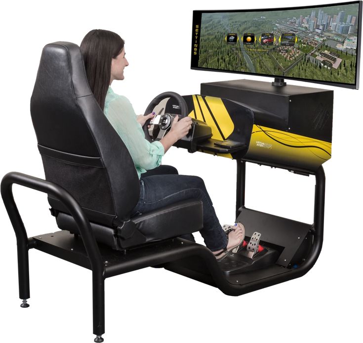 Woman using racing simulator setup with steering wheel and pedals, playing a driving game on a curved monitor.