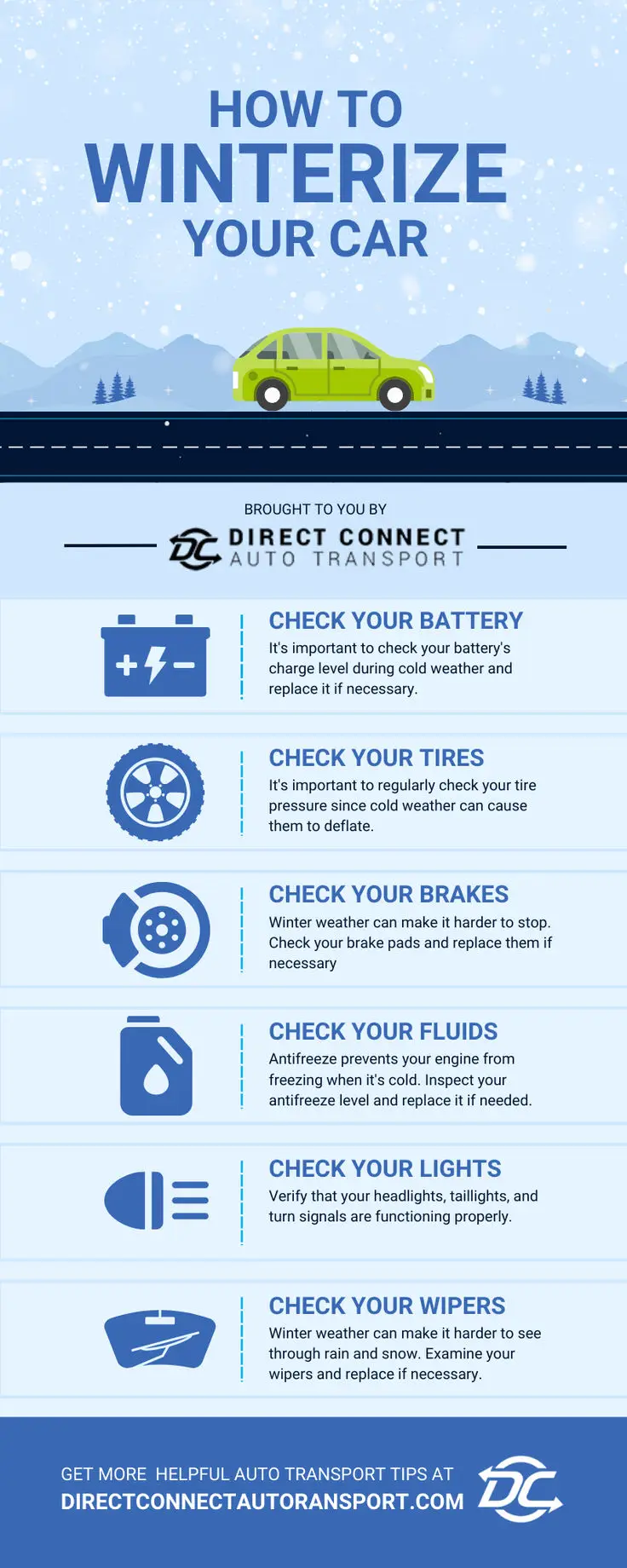 Winterize Your Car with Our Auto Transport Partner - Engine Stories Guide on winterizing your car: check battery, tires, brakes, fluids, lights, and wipers. Ensure safety during cold months.
