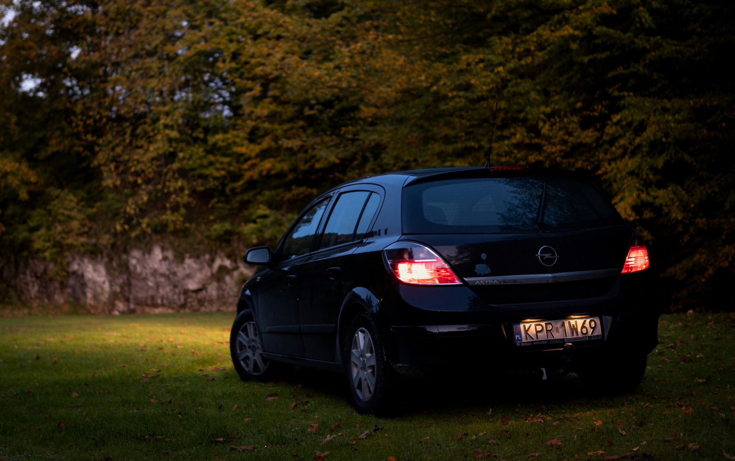 a small black car parked in a grassy area