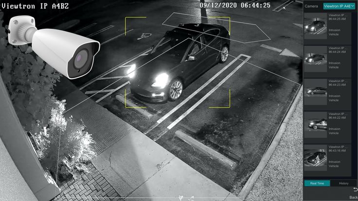 Surveillance camera captures black car in parking lot at night, highlighting security monitoring with timestamp and event details.